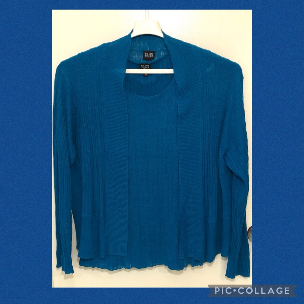 Beautiful Eileen Fisher Linen Open Front Cardigan & Tank Twin Sweater Set